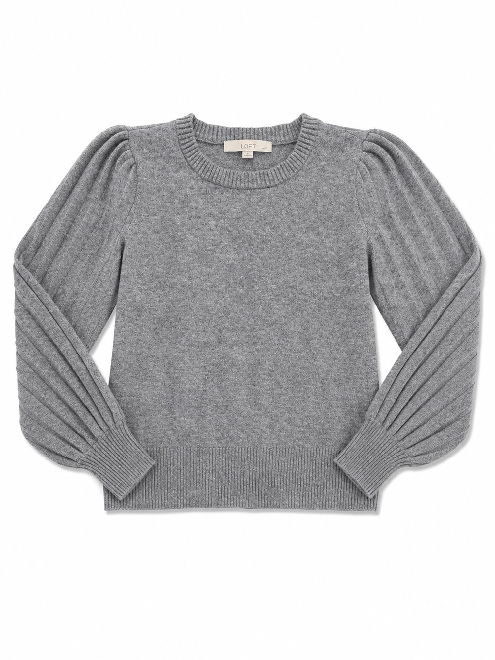 LOFT Heather Gray Pleated Puff-Sleeve Crewneck Sweater